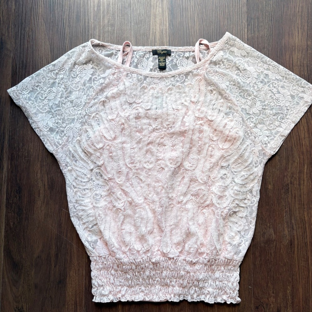 Cupio Womens Pink Lace Blouse Short Sleeve Smocked Hem Floral Top Small RN 73163